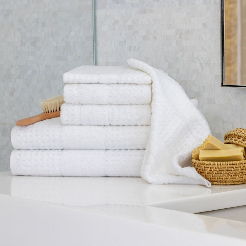 White Lightweight Waffle Towels in Bathroom | Duman Home