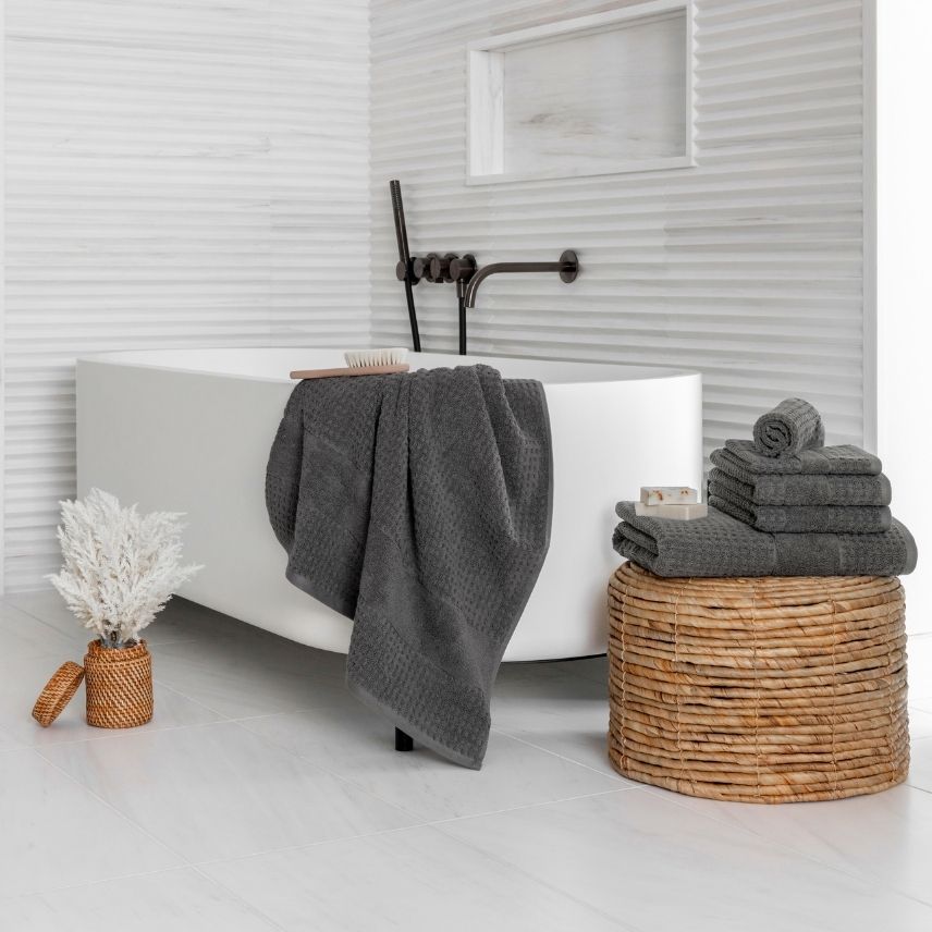 Charcoal Lightweight Waffle Towels in Bathroom | Duman Home