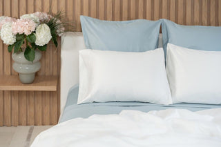 Signature Hemstitch Organic Pillowset shown in Bed| Duman Home