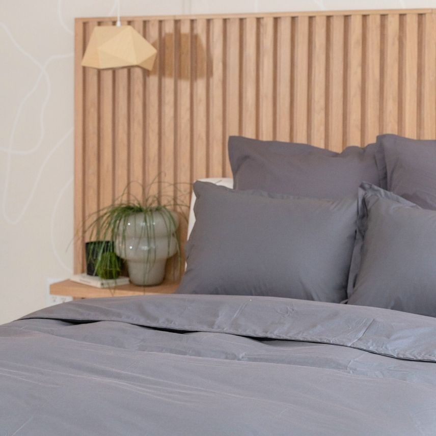 Bed Showing Slate Percale Organic Sheet Set | Duman Home