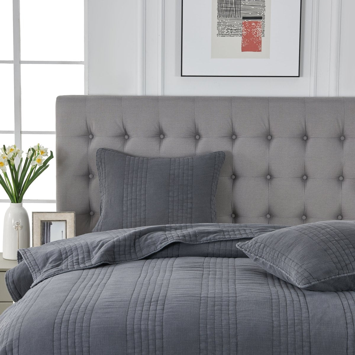 Stone Washed Cotton Charcoal Quilt Set | Duman Home