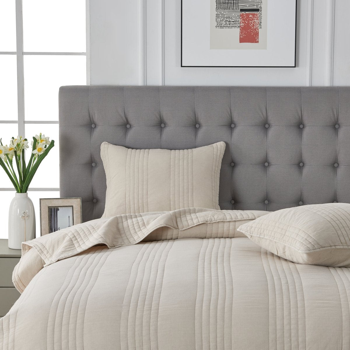 Stone Washed Cotton Khaki Quilt Set | Duman Home