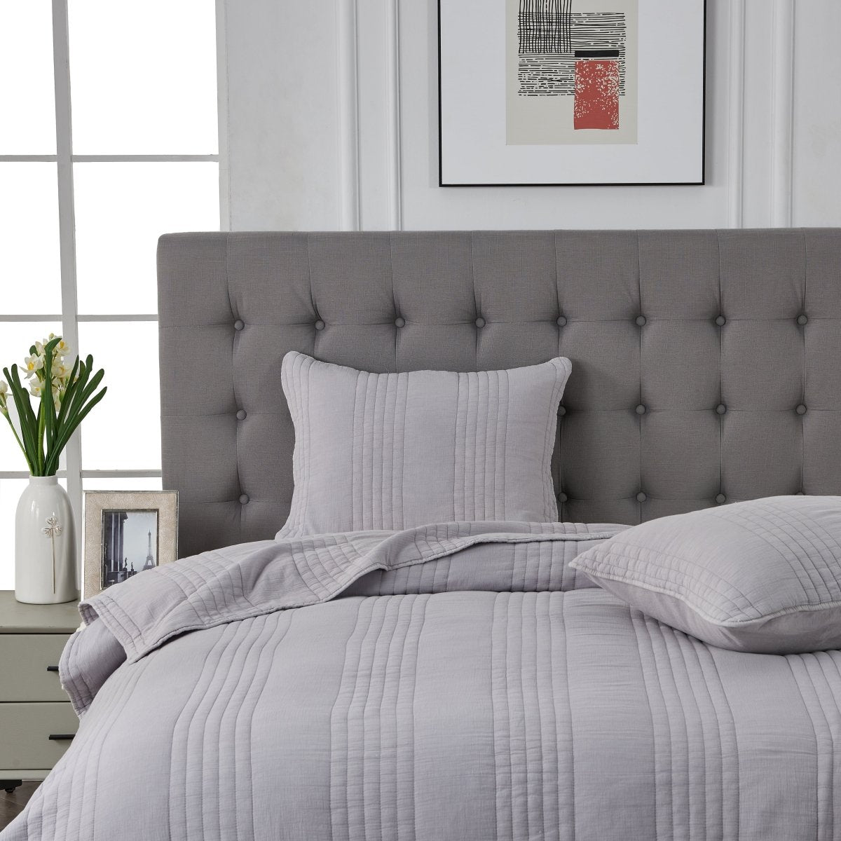 Stone Washed Cotton Light Gray Quilt Set | Duman Home