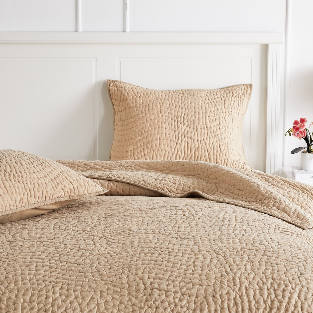 Taupe Voile Hand Stitched Quilt Bed | Duman Home