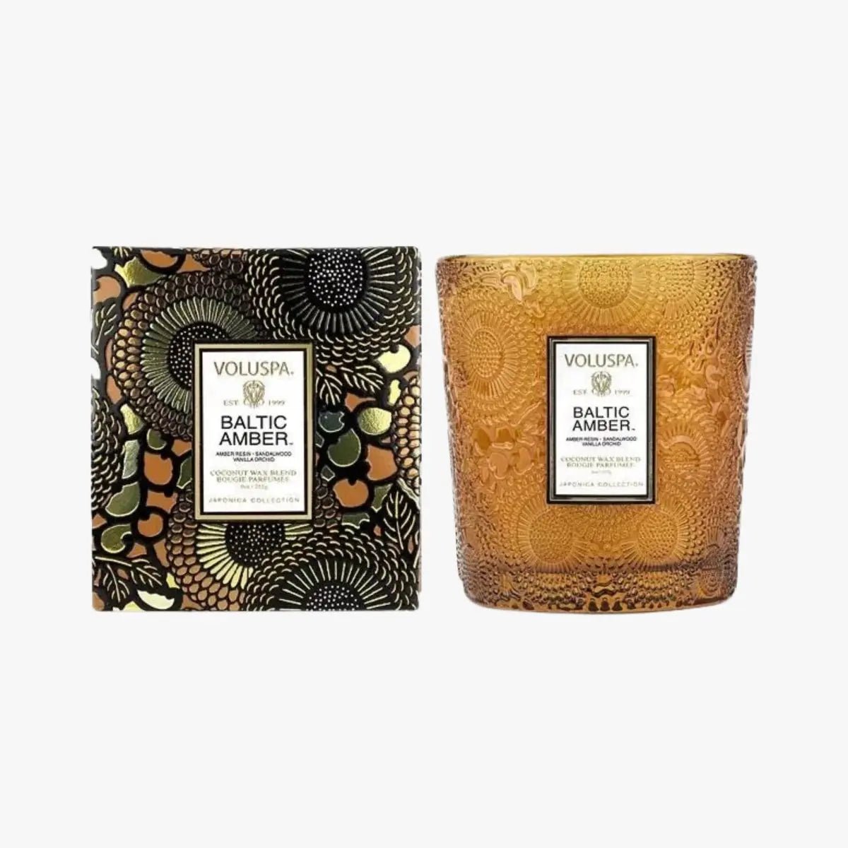 Voluspa Baltic Amber candle and packaging on a white background
