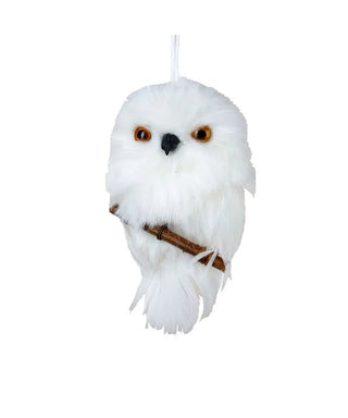 Plush White Owl Hanging on Branch Ornament