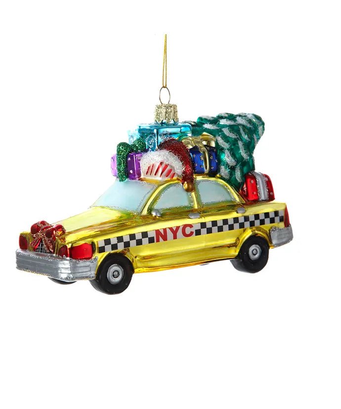 New York City Checker Taxi With Tree Glass Ornament