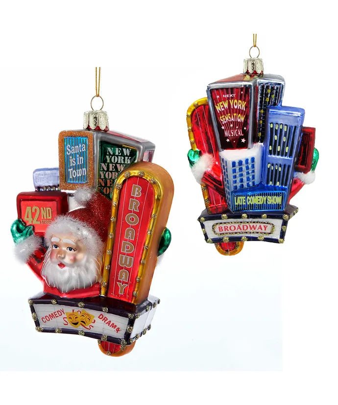 Santa on Broadway Sign Glass Ornament