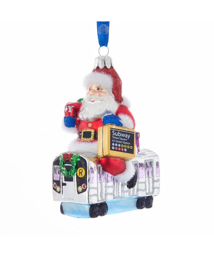 MTA NYC Transit Glass Santa Riding Subway Car Ornament
